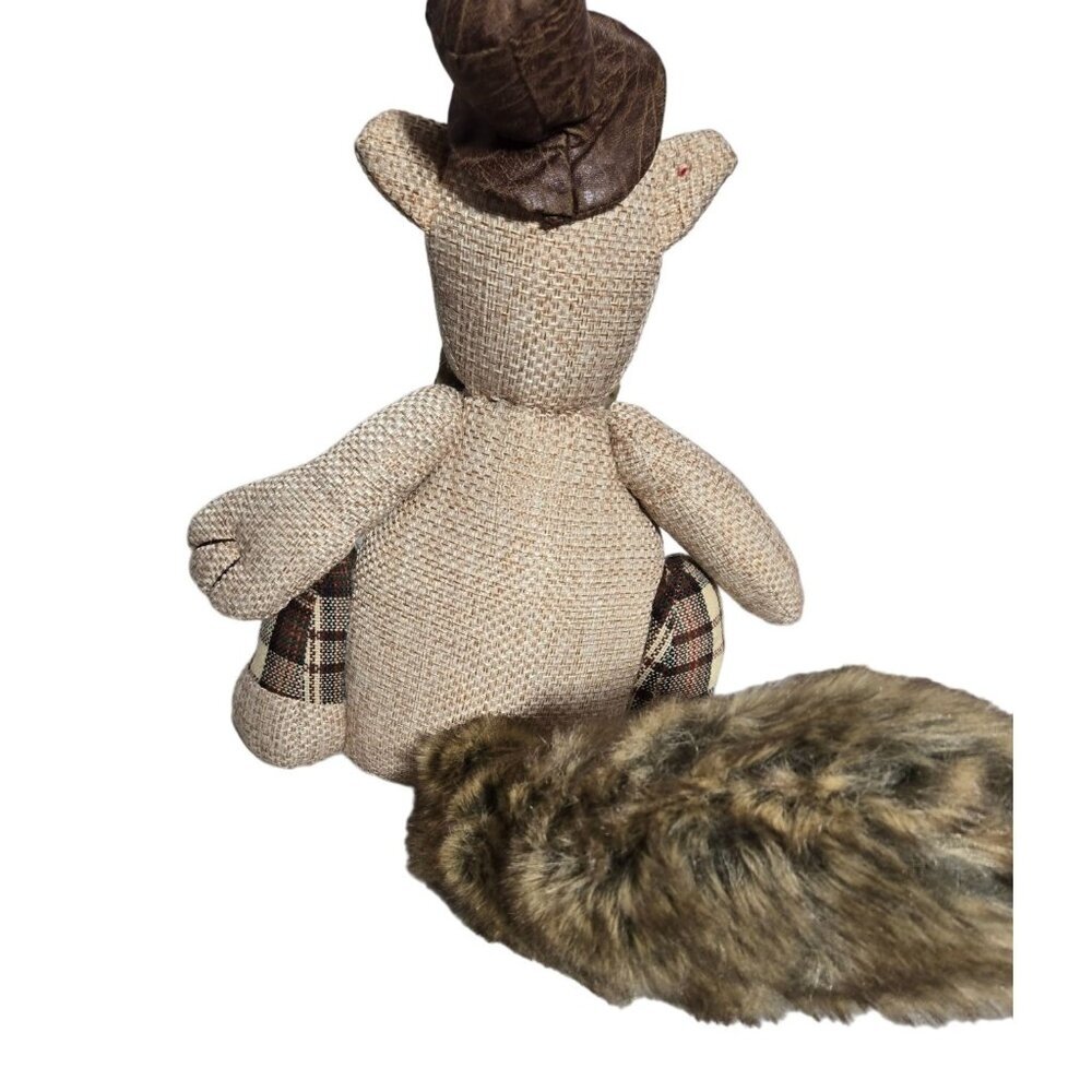 Rustic Fabric Squirrel Doorstop/ Shelf Sitter with Faux Fur Tail & Plaid Accents - Picture 7 of 11